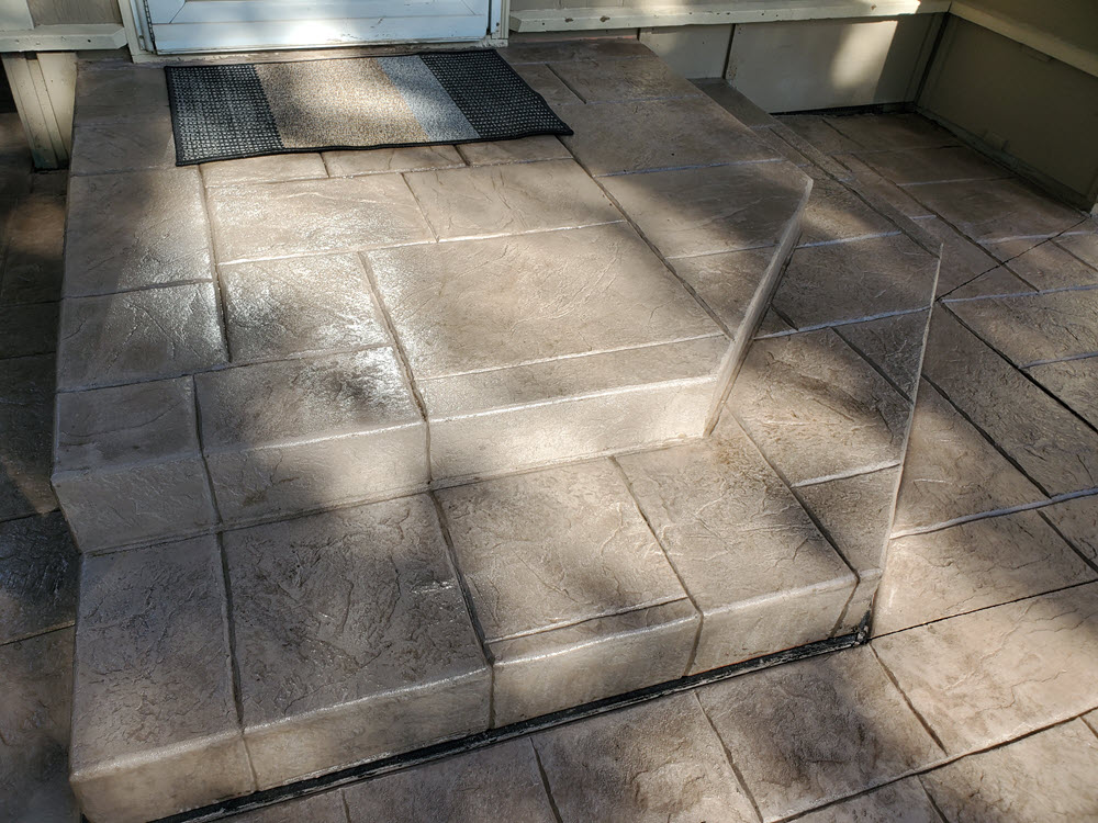 Vermont slate stamped concrete patio steps & patio, installed by Creative Concrete Inc
